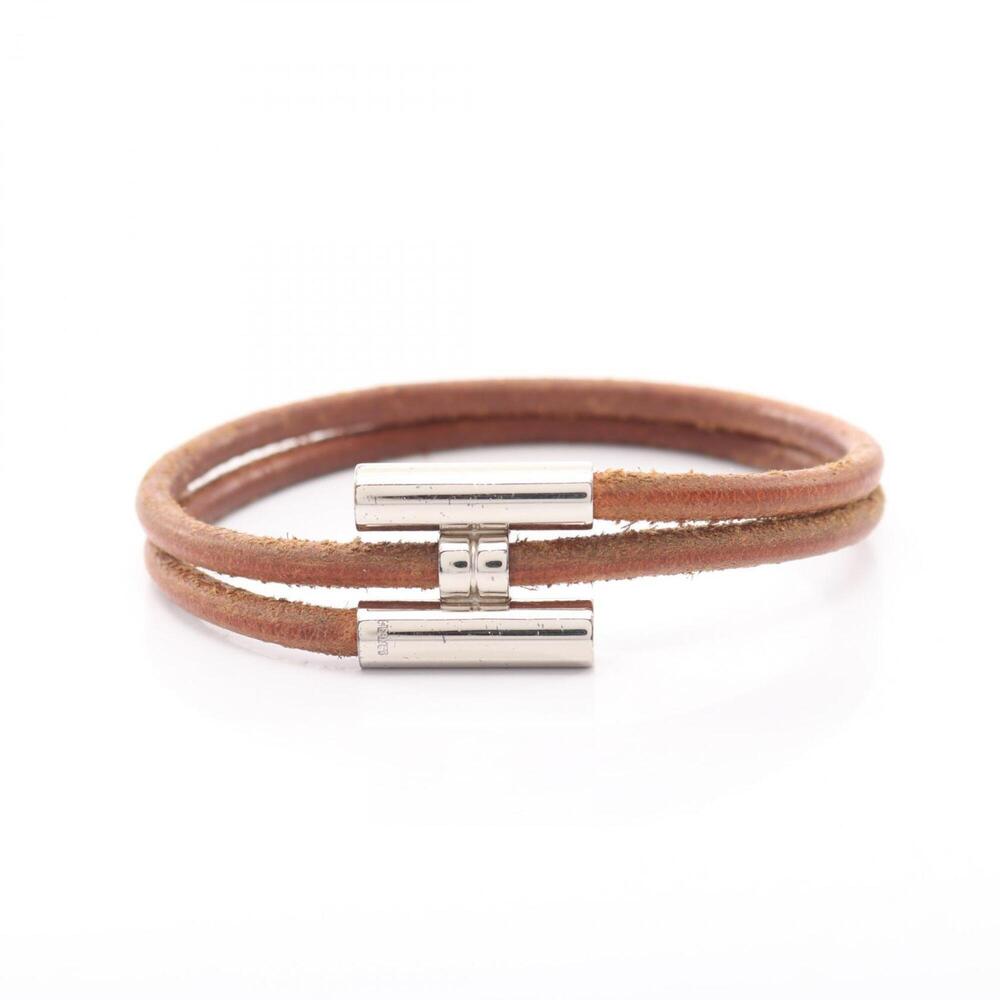 HERMES Silver Leather Charm Bracelet